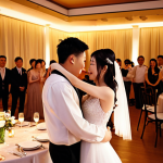 **Image Prompt:** A wedding reception scene with soft, romantic lighting. A bride and groom are having their first dance, surrounded by warmly lit tables and guests. In the background, subtle projections display lyrics from Lee Juck's song "다행이다" (Fortunately/Thank You). The overall atmosphere is intimate and heartfelt.
