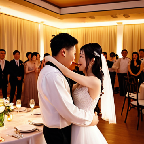 Home 19 **Image Prompt:** A wedding reception scene with soft, romantic lighting. A bride and groom are having their first dance, surrounded by warmly lit tables and guests. In the background, subtle projections display lyrics from Lee Juck's song "다행이다" (Fortunately/Thank You). The overall atmosphere is intimate and heartfelt.
