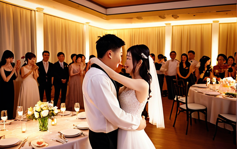 **Image Prompt:** A wedding reception scene with soft, romantic lighting. A bride and groom are having their first dance, surrounded by warmly lit tables and guests. In the background, subtle projections display lyrics from Lee Juck's song "다행이다" (Fortunately/Thank You). The overall atmosphere is intimate and heartfelt.