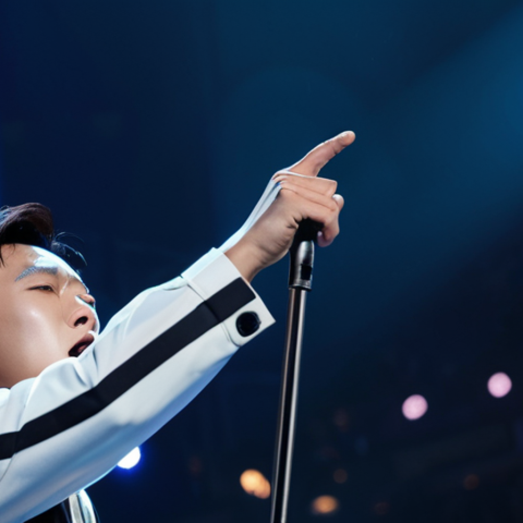 A male lead singer, reminiscent of Oh Hyuk, fully clothed in modest, professional stage attire, performing with deep emotion on a large concert stage. Dynamic, cinematic stage lighting illuminates the scene with rich colors and subtle haze, creating an immersive atmosphere. The background features a vast, blurred audience in a grand concert hall. This image captures perfect anatomy, correct proportions, natural pose, well-formed hands, and proper finger count. Professional concert photography, high resolution, appropriate content, safe for work, fully clothed, professional.
