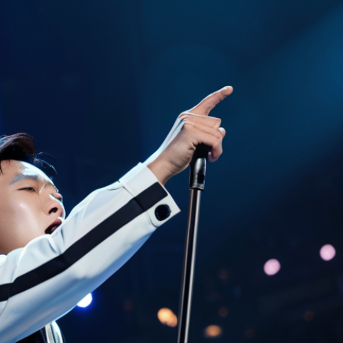 Home 18 A male lead singer, reminiscent of Oh Hyuk, fully clothed in modest, professional stage attire, performing with deep emotion on a large concert stage. Dynamic, cinematic stage lighting illuminates the scene with rich colors and subtle haze, creating an immersive atmosphere. The background features a vast, blurred audience in a grand concert hall. This image captures perfect anatomy, correct proportions, natural pose, well-formed hands, and proper finger count. Professional concert photography, high resolution, appropriate content, safe for work, fully clothed, professional.