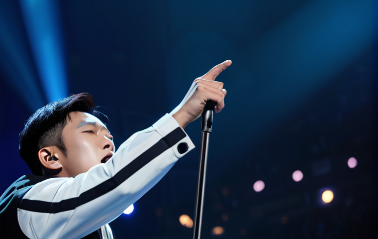 A male lead singer, reminiscent of Oh Hyuk, fully clothed in modest, professional stage attire, performing with deep emotion on a large concert stage. Dynamic, cinematic stage lighting illuminates the scene with rich colors and subtle haze, creating an immersive atmosphere. The background features a vast, blurred audience in a grand concert hall. This image captures perfect anatomy, correct proportions, natural pose, well-formed hands, and proper finger count. Professional concert photography, high resolution, appropriate content, safe for work, fully clothed, professional.