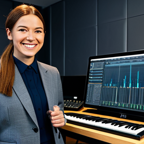 Home 17 **
A professional female music executive in a modest, tailored business suit, standing confidently in a modern recording studio with sound equipment in the background. Fully clothed, appropriate attire, safe for work. She's smiling warmly, holding a tablet displaying music production software. Perfect anatomy, correct proportions, professional environment, high quality, family-friendly.
**