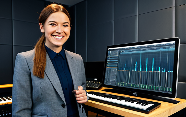 **
A professional female music executive in a modest, tailored business suit, standing confidently in a modern recording studio with sound equipment in the background. Fully clothed, appropriate attire, safe for work. She's smiling warmly, holding a tablet displaying music production software. Perfect anatomy, correct proportions, professional environment, high quality, family-friendly.
**