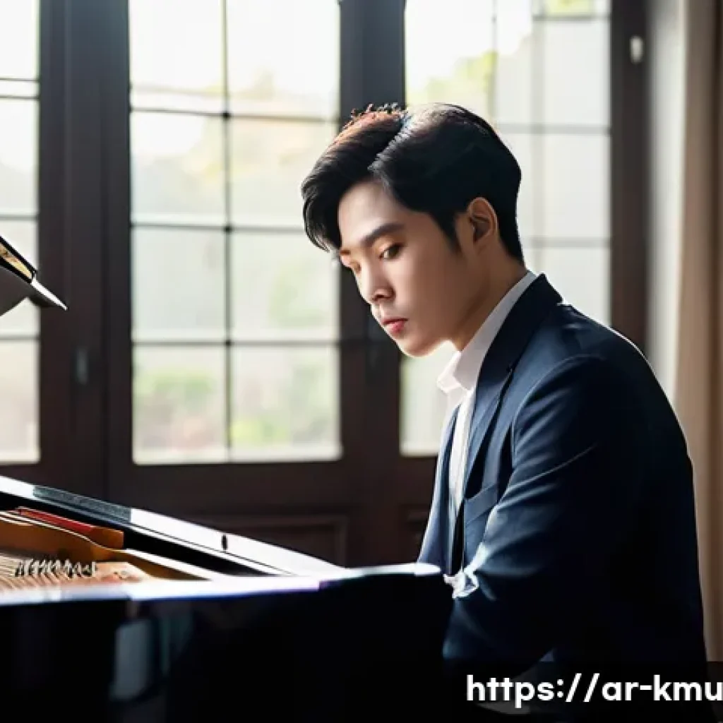 유재하 사랑하기 때문에 원곡자 이야기 - A deeply focused young Korean male musician, in his late 20s, wearing smart casual attire like a col...