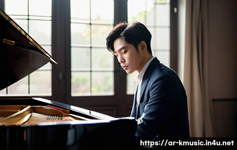유재하 사랑하기 때문에 원곡자 이야기 - A deeply focused young Korean male musician, in his late 20s, wearing smart casual attire like a col...