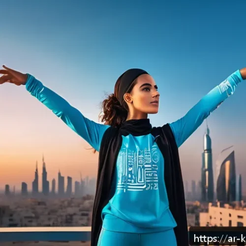 에스파 Next Level 가사 해석 - A powerful and confident Arabic woman standing on a futuristic city rooftop at sunset, dressed in st...