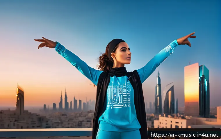 에스파 Next Level 가사 해석 - A powerful and confident Arabic woman standing on a futuristic city rooftop at sunset, dressed in st...