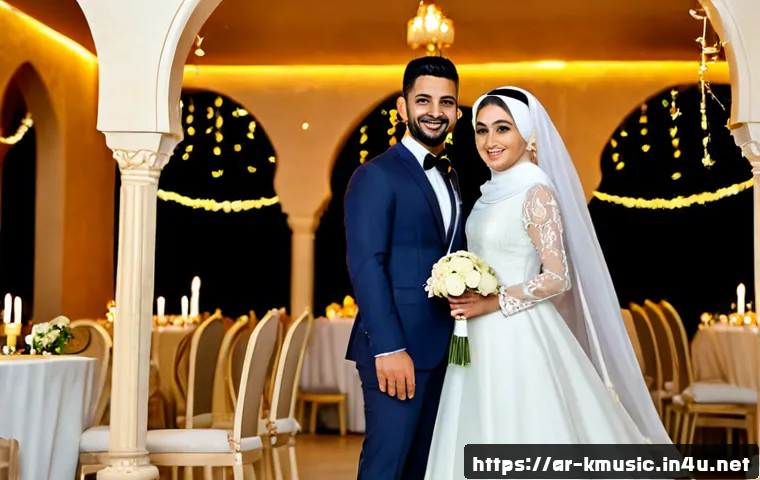 이적 다행이다 결혼식 인기곡 배경 - Photorealistic elegant Arabic wedding reception, joyful newlywed couple in modest formal attire shar...